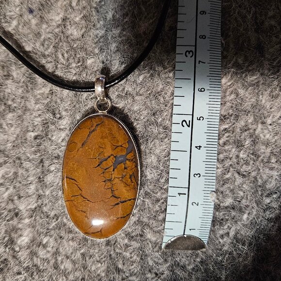 Copy -Maligano jasper, gemstone oval, pendant necklace, silver plate, black cord - Picture 4 of 5